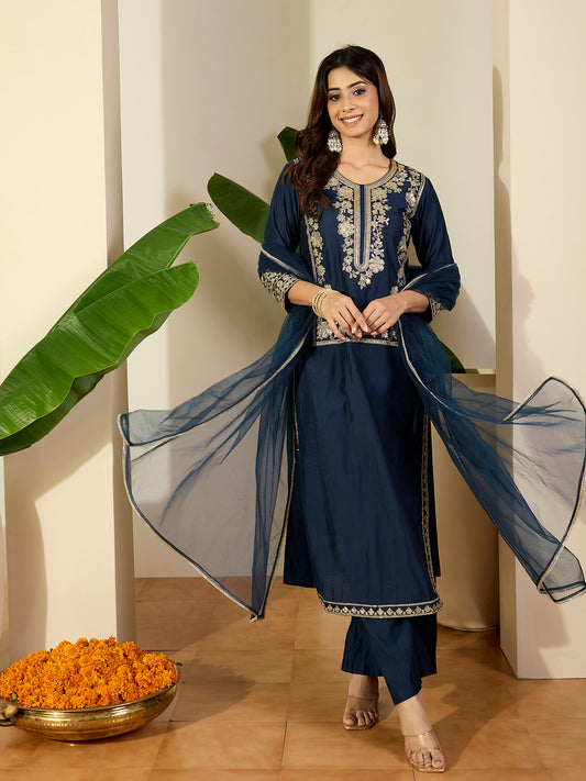 Embroidered Round Neck Kurta & Palazzos With Dupatta