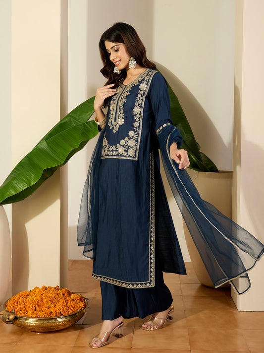 Embroidered Round Neck Kurta & Palazzos With Dupatta