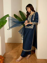Embroidered Round Neck Kurta & Palazzos With Dupatta