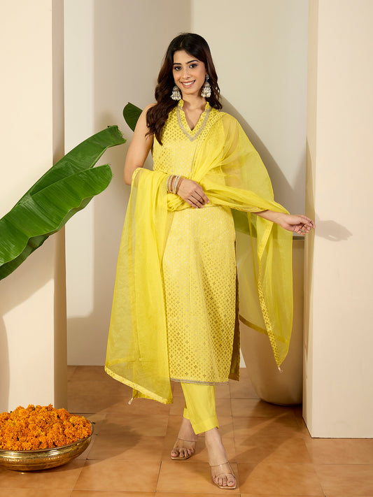 Women Ethnic Motifs Woven Design V-Neck Straight Kurta with Trousers & Dupatta