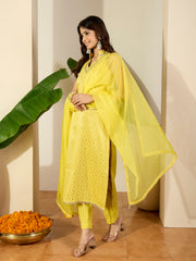 Women Ethnic Motifs Woven Design V-Neck Straight Kurta with Trousers & Dupatta