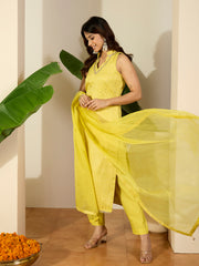 Women Ethnic Motifs Woven Design V-Neck Straight Kurta with Trousers & Dupatta