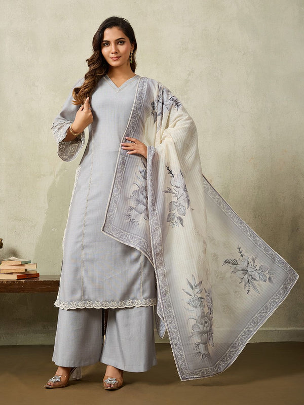 Women Floral Regular Thread Work Kurta & Palazzos With Dupatta