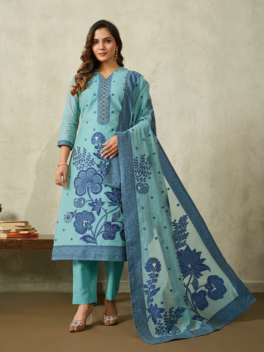 Floral Zari Woven Hand Embroidered V-Neck Kurta & Trousers With Dupatta
