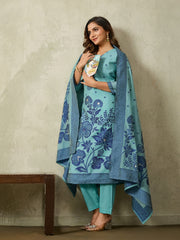 Floral Zari Woven Hand Embroidered V-Neck Kurta & Trousers With Dupatta