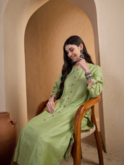 Women Floral Regular Linen Kurta with Trousers