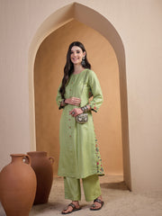 Women Floral Regular Linen Kurta with Trousers