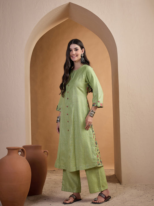 Women Floral Regular Linen Kurta with Trousers