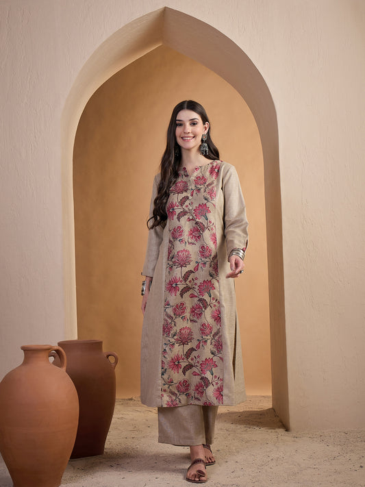 Women Floral Printed Regular Linen Kurta with Palazzos