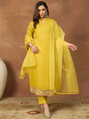 Women Ethnic Motifs Embroidered Regular Thread Work Chanderi Cotton Kurta with Trousers & With Dupatta
