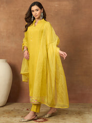 Women Ethnic Motifs Embroidered Regular Thread Work Chanderi Cotton Kurta with Trousers & With Dupatta