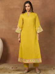 Women Ethnic Motifs Embroidered Regular Thread Work Chanderi Cotton Kurta with Trousers & With Dupatta