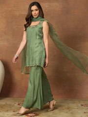 Women Floral Embroidered Regular Thread Work Chanderi Cotton Kurta with Trousers & With Dupatta (Copy)