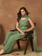 Women Floral Embroidered Regular Thread Work Chanderi Cotton Kurta with Trousers & With Dupatta (Copy)