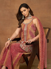 Women Bandhani Embroidered Panelled Sequinned Kurta with Palazzos & With Dupatta