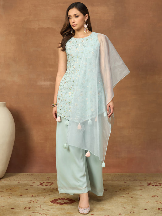 Women Floral Embroidered Regular Thread Work Kurta with Palazzos & With Dupatta