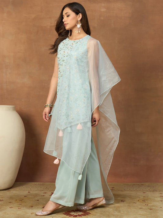 Women Floral Embroidered Regular Thread Work Kurta with Palazzos & With Dupatta