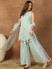 Women Floral Embroidered Regular Thread Work Kurta with Palazzos & With Dupatta