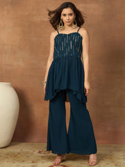 Women Striped Sequined Embroidered Kurta Palazzo with Dupatta