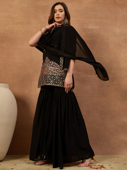 Women Ethnic Motifs Embroidered Regular Thread Work Kurti with Sharara & With Dupatta