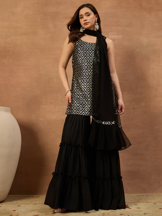 Women Printed Regular Sequinned Top with Sharara & With Dupatta