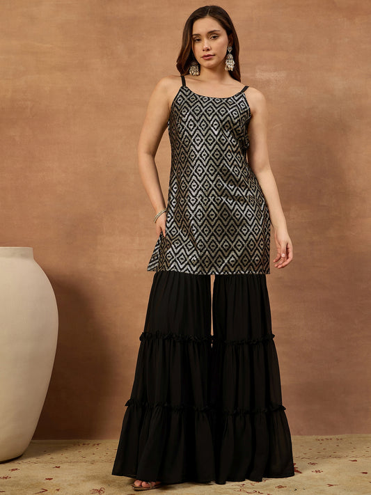 Women Printed Regular Sequinned Top with Sharara & With Dupatta