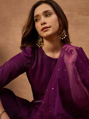Women Solid Straight Kurta & Farshi Pant with Embroidered Dupatta