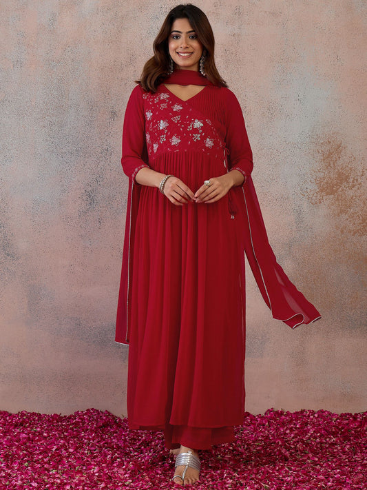 Women Floral Embroidered Empire Thread Work Kurta with Palazzos & With Dupatta