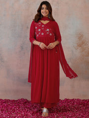 Women Floral Embroidered Empire Thread Work Kurta with Palazzos & With Dupatta