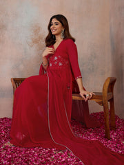 Women Floral Embroidered Empire Thread Work Kurta with Palazzos & With Dupatta