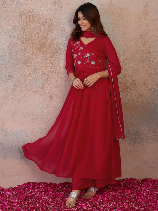 Women Floral Embroidered Empire Thread Work Kurta with Palazzos & With Dupatta