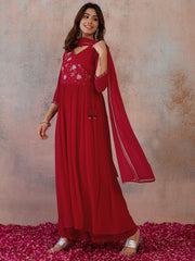 Women Floral Embroidered Empire Thread Work Kurta with Palazzos & With Dupatta
