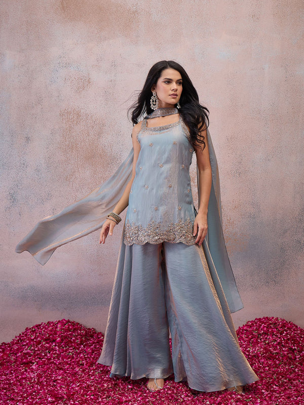 Women Ethnic Motifs Embroidered Regular Sequinned Kurta with Sharara & With Dupatta