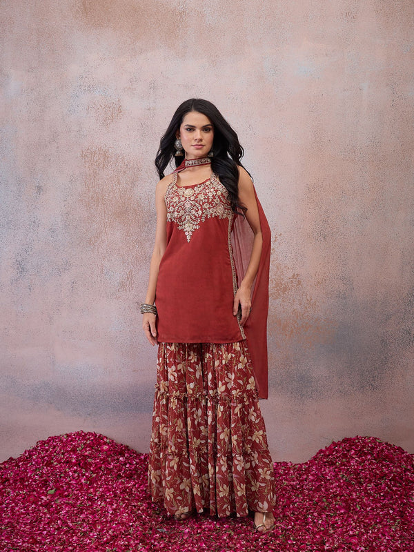 Women Floral Embroidered Regular Thread Work Kurta with Sharara & With Dupatta