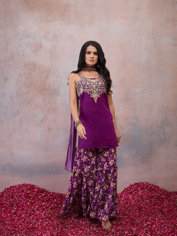 Women Floral Embroidered Regular Thread Work Kurta with Sharara & With Dupatta