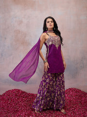 Women Floral Embroidered Regular Thread Work Kurta with Sharara & With Dupatta