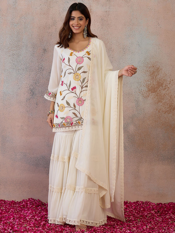 Women Floral Embroidered Regular Thread Work Kurta with Sharara & With Dupatta
