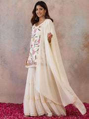 Women Floral Embroidered Regular Thread Work Kurta with Sharara & With Dupatta