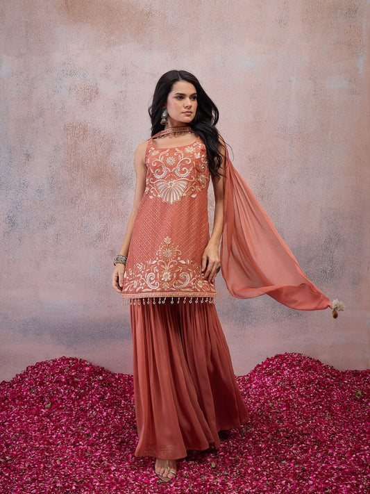 Women Ethnic Motifs Embroidered Regular Sequinned Kurta with Sharara & With Dupatta