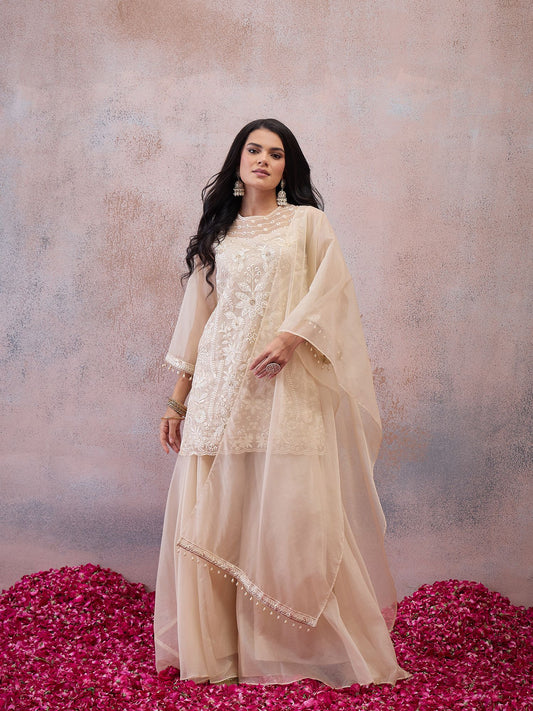 Women Ethnic Motifs Embroidered Regular Thread Work Kurta with Sharara & With Dupatta