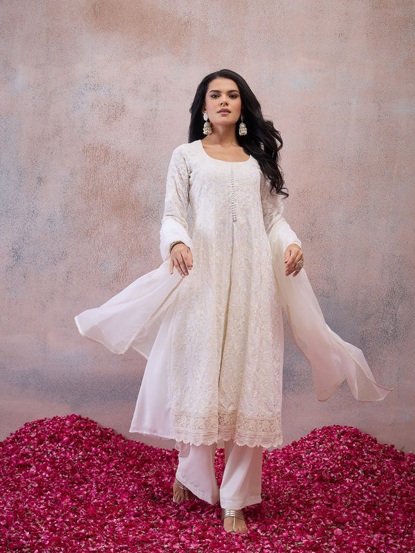 Women Ethnic Motifs Embroidered Regular Thread Work Kurta with Palazzos & With Dupatta