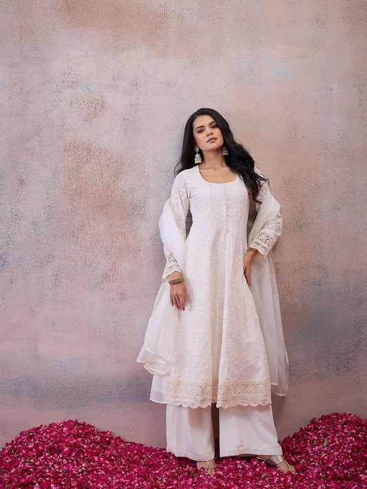 Women Ethnic Motifs Embroidered Regular Thread Work Kurta with Palazzos & With Dupatta