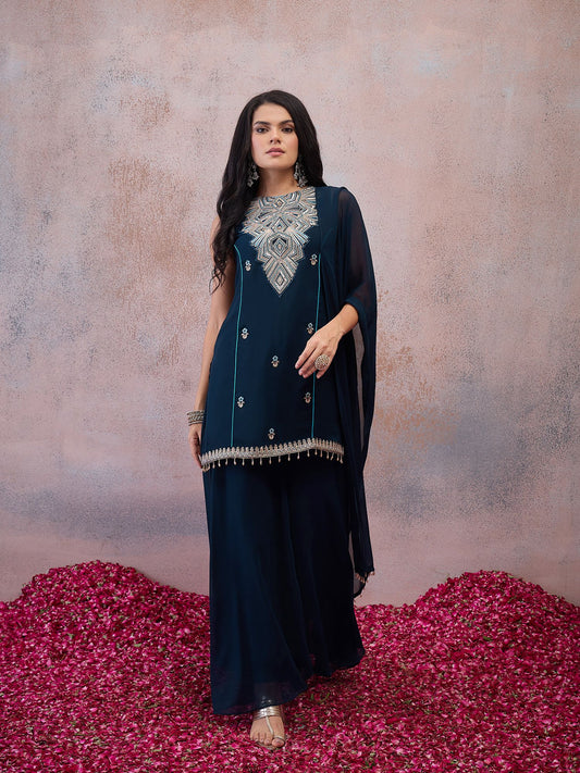 Women Ethnic Motifs Embroidered Regular Thread Work Kurta with Palazzos & With Dupatta