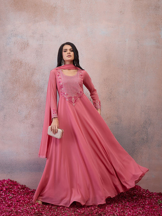 Women Embellished Georgette Anarkali Kurta with Dupatta