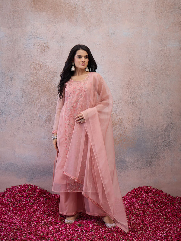 Women Floral Zari and Thread Embroidered Kurta & Palazzo with Dupatta