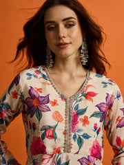Women Floral Printed Regular Thread Work Kurta with Dhoti Pants