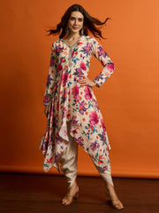Women Floral Printed Regular Thread Work Kurta with Dhoti Pants