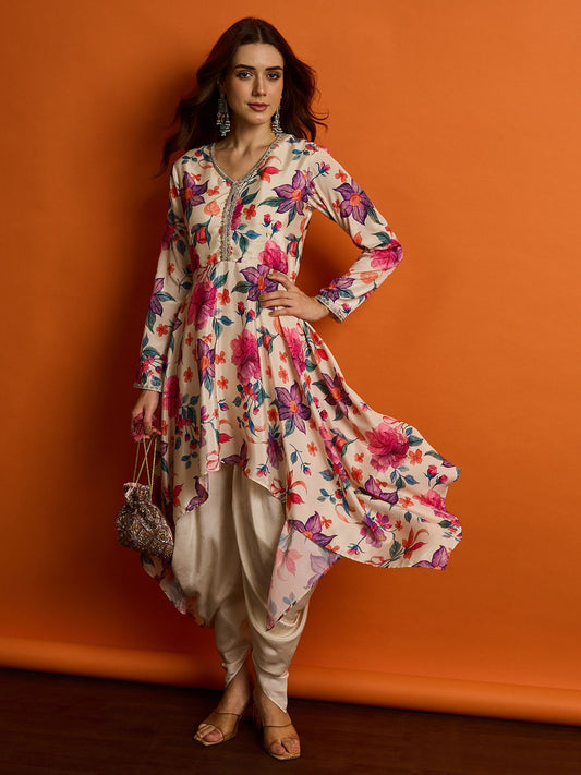 Women Floral Printed Regular Thread Work Kurta with Dhoti Pants
