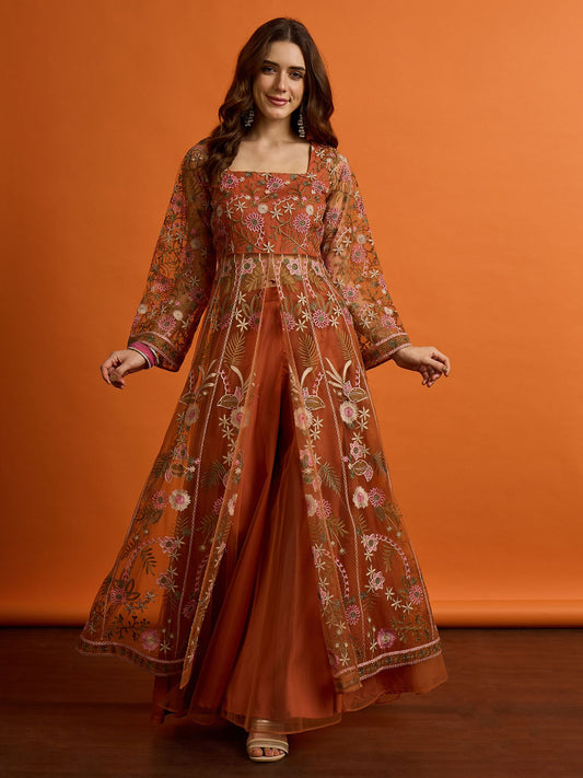 Women Floral Embroidered Empire Thread Work Kurta with Palazzos