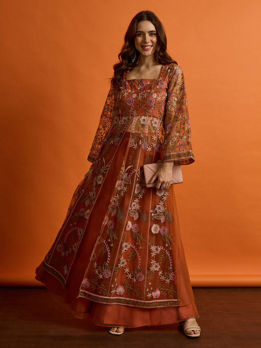 Women Floral Embroidered Empire Thread Work Kurta with Palazzos